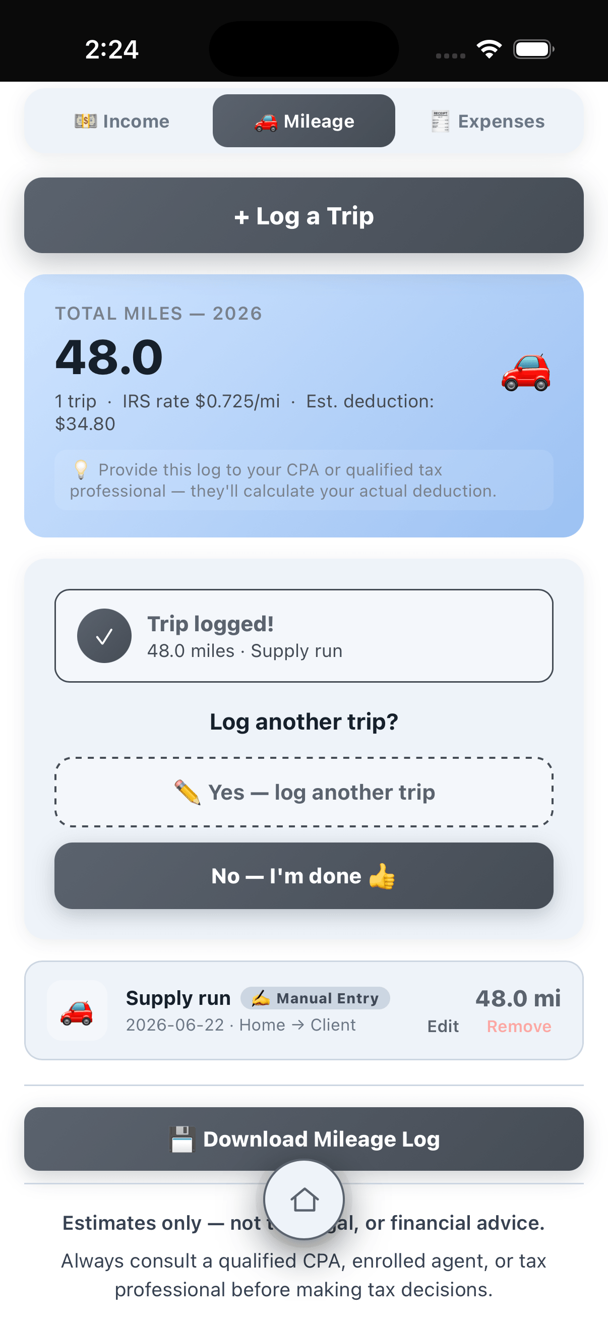 Mileage log