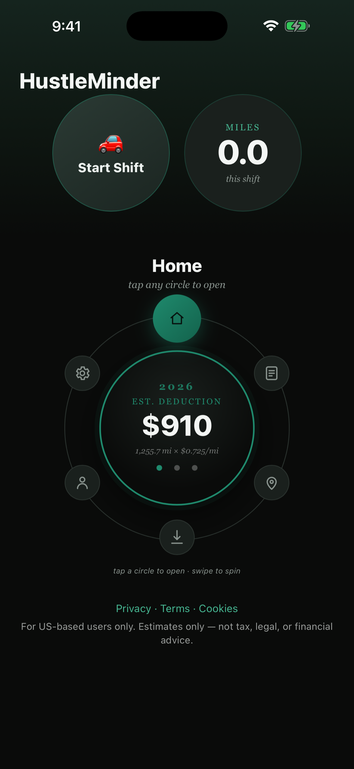 HustleMinder home screen