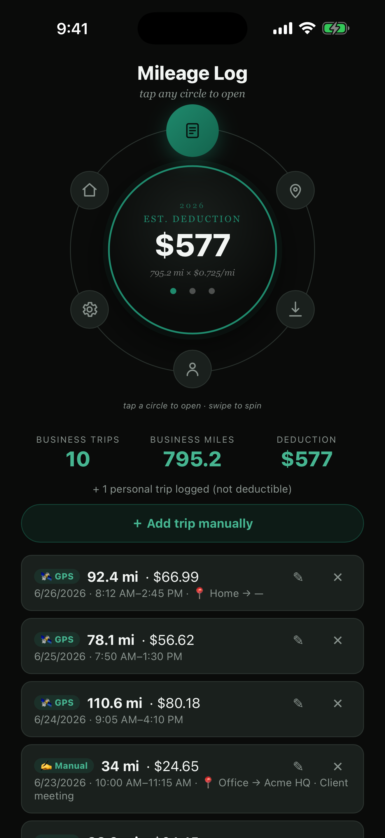 HustleMinder mileage log